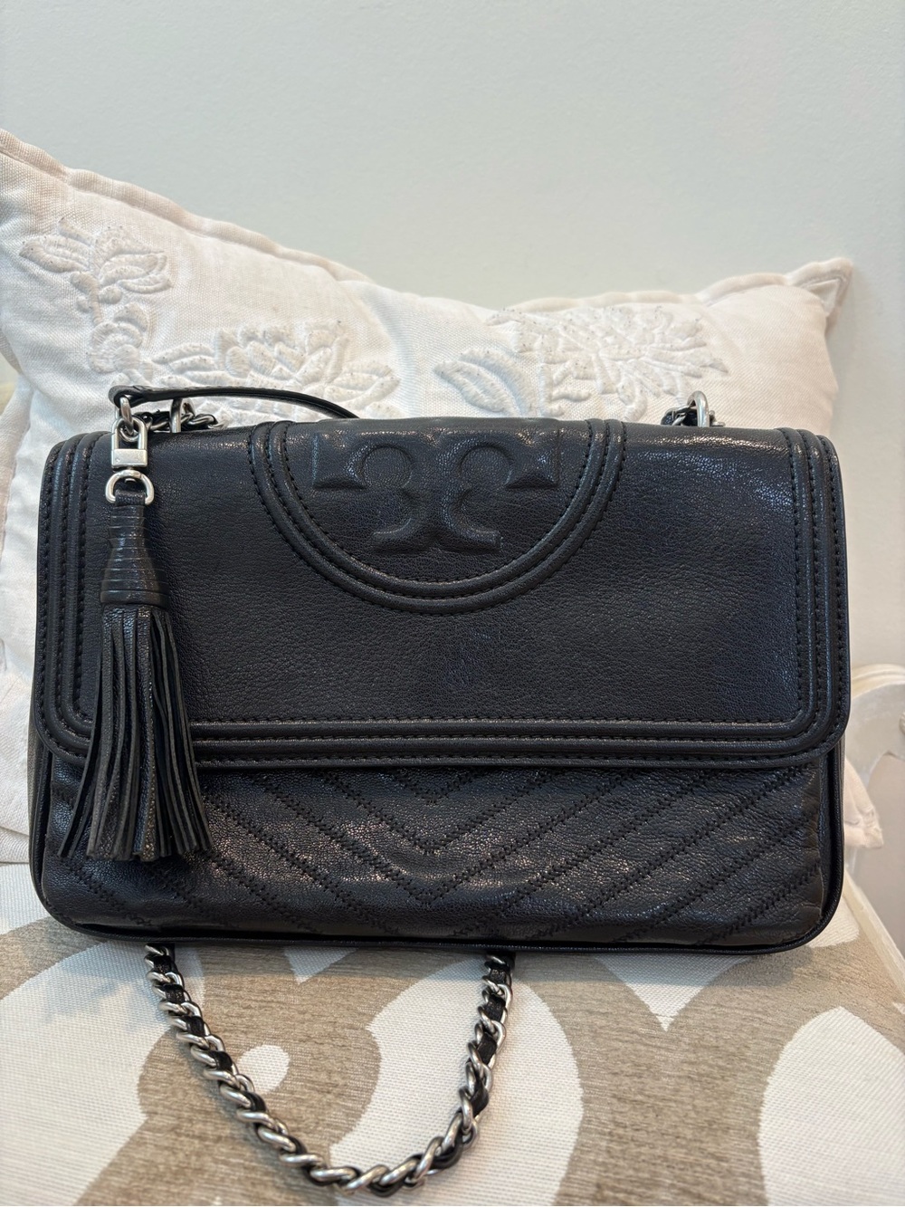 Tory Burch Black Leather Quilted Crossbody with Tassel